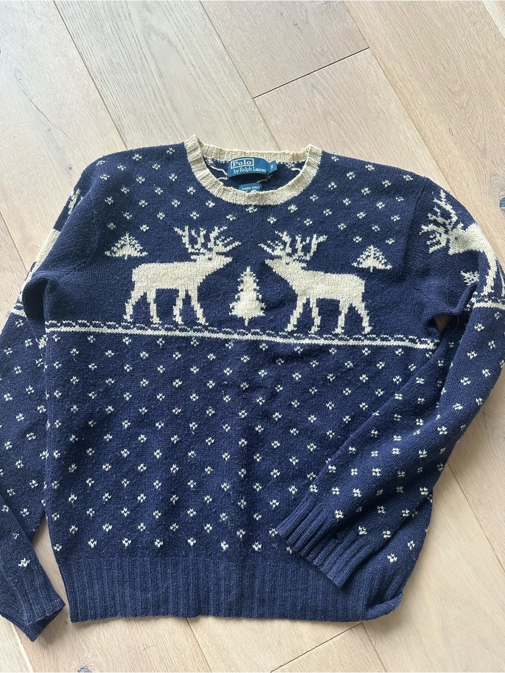 Vintage hand knit Polo by Ralph Lauren Navy & Cream Reindeer Crewneck Sweater